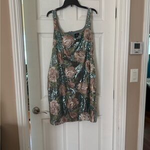 Sequin Floral Slip Dress in Teal and Blush